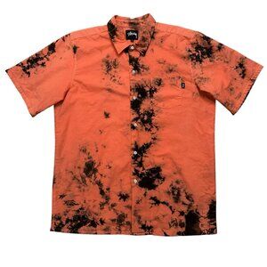 Stussy Shirt Mens Size 2XL Short Sleeve Button Tie-Dye Pocket Made in USA Orange